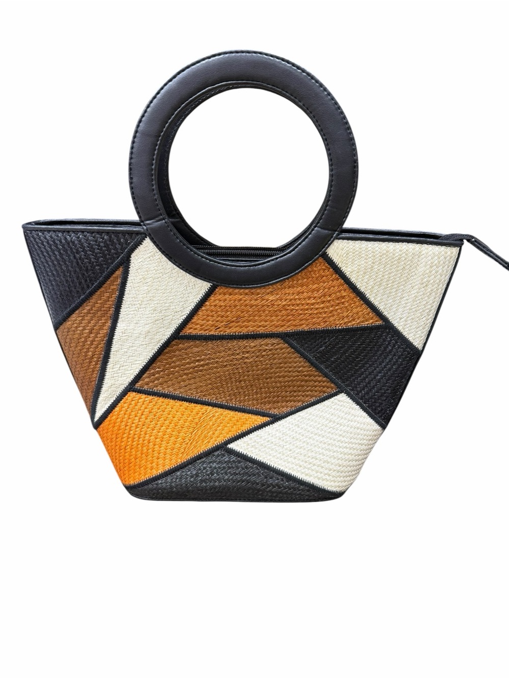 Vintage Le Sac Patchwork Woven Straw, Geometric Color Paneled Bag - Picture 2 of 14